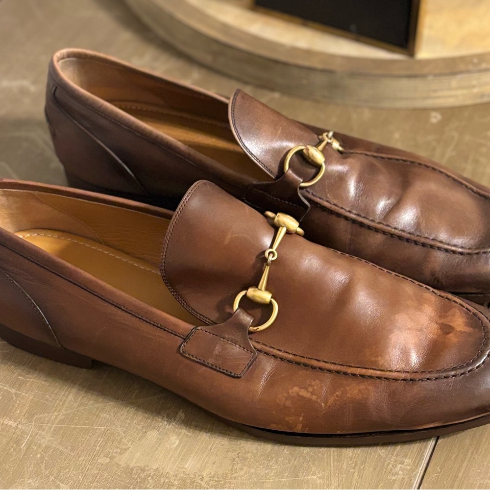 Pre-owned Gucci Brown Leather Loafers with Gold Bit